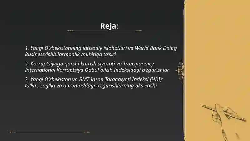 Yangi O‘zbekiston ojtimoiy - siyosiy iqtisodiy va madaniy hayotda ro‘y berayotgan o‘zgarishlarning xalqaro reyting va indekslarda aks etishi 2