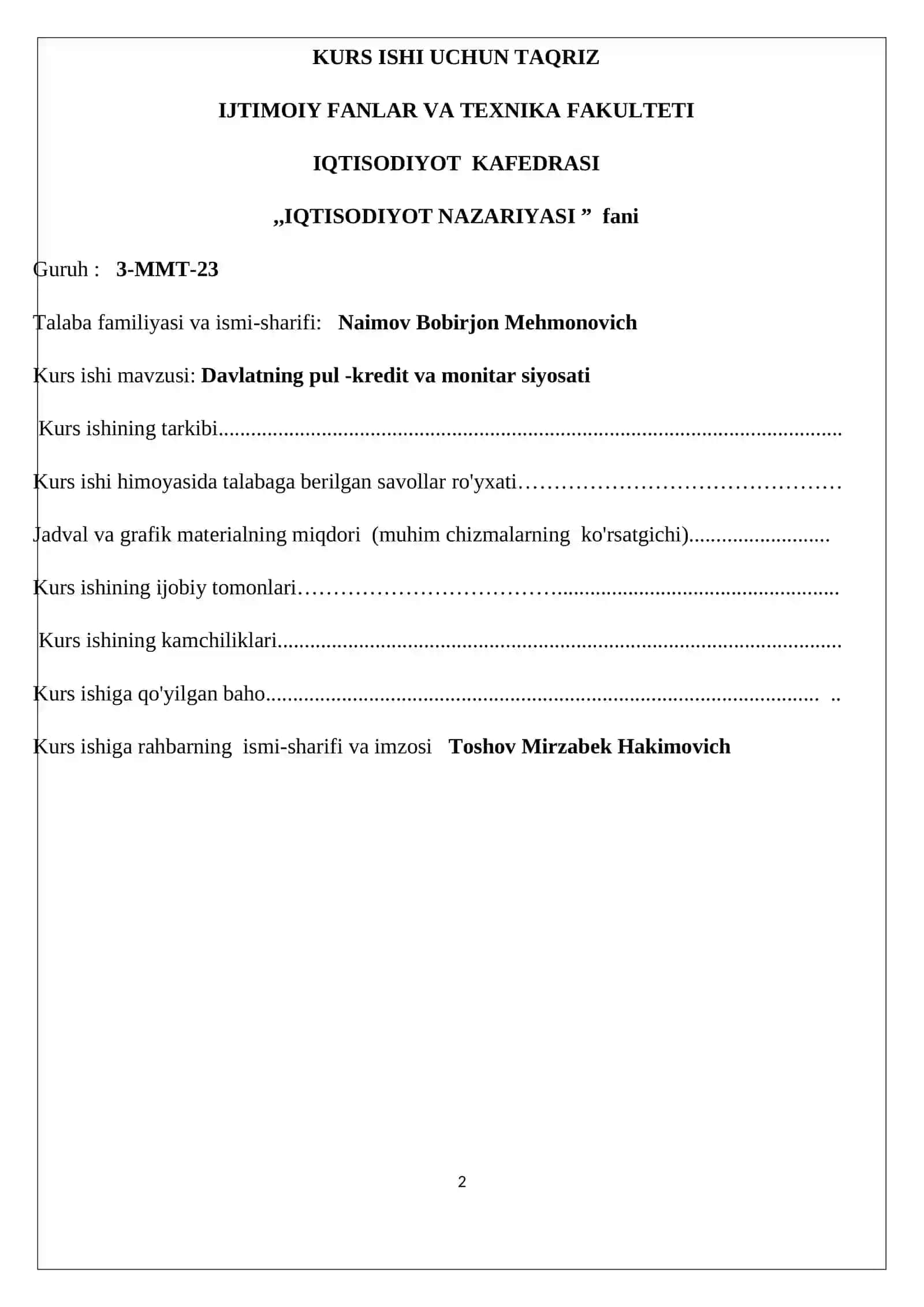 Davlatning pul -kredit va monitar siyosati 2