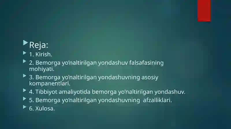 Bemorga yo’naltirilgan yondashuv falsafasini tushunganligini ko’rsatish (Al-Farobiy  nomidagi Qozog’iston milliy universiteti, #230). 2