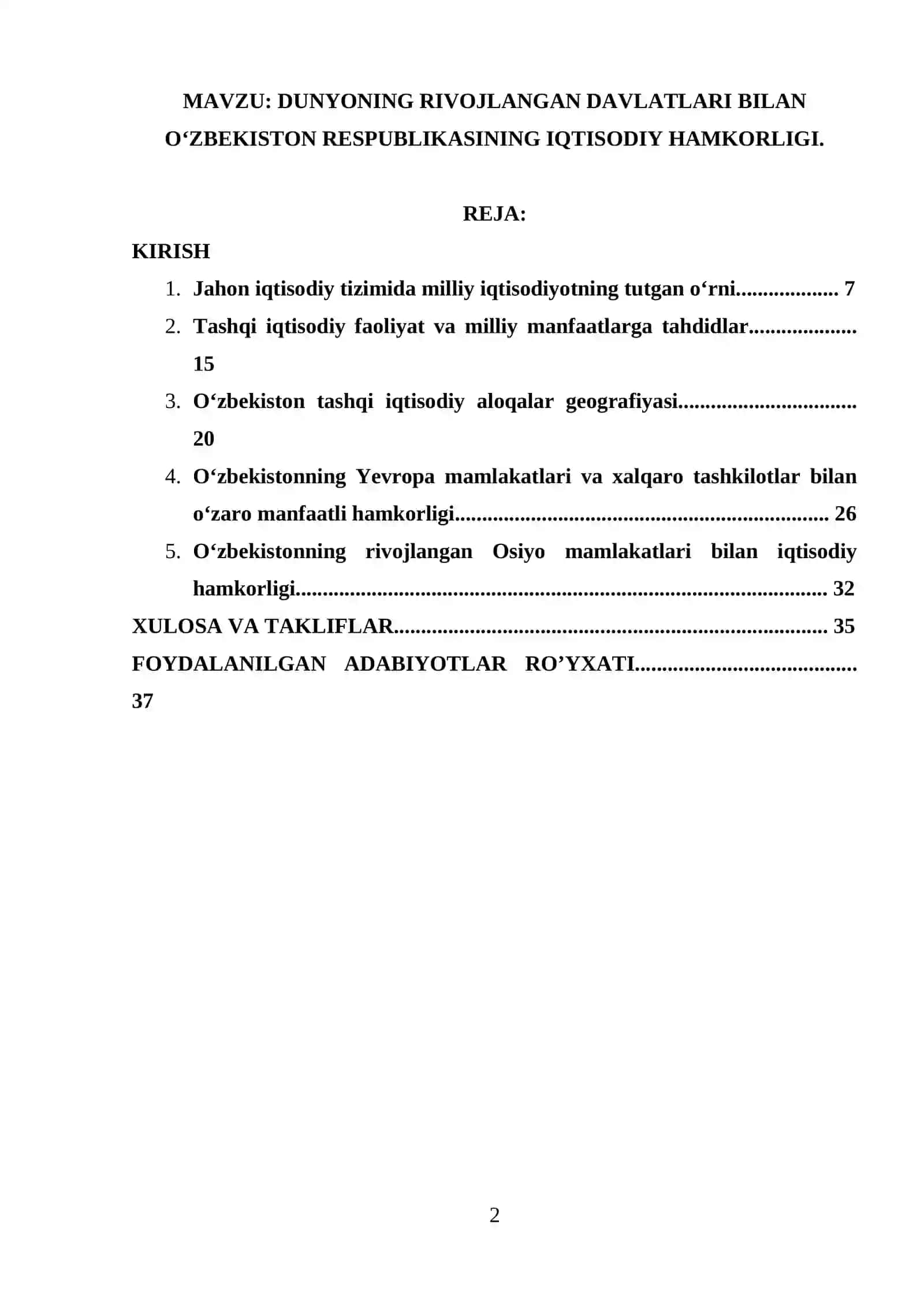 DUNYONING RIVOJLANGAN DAVLATLARI BILAN O‘ZBEKISTON RESPUBLIKASINING IQTISODIY HAMKORLIGI 2