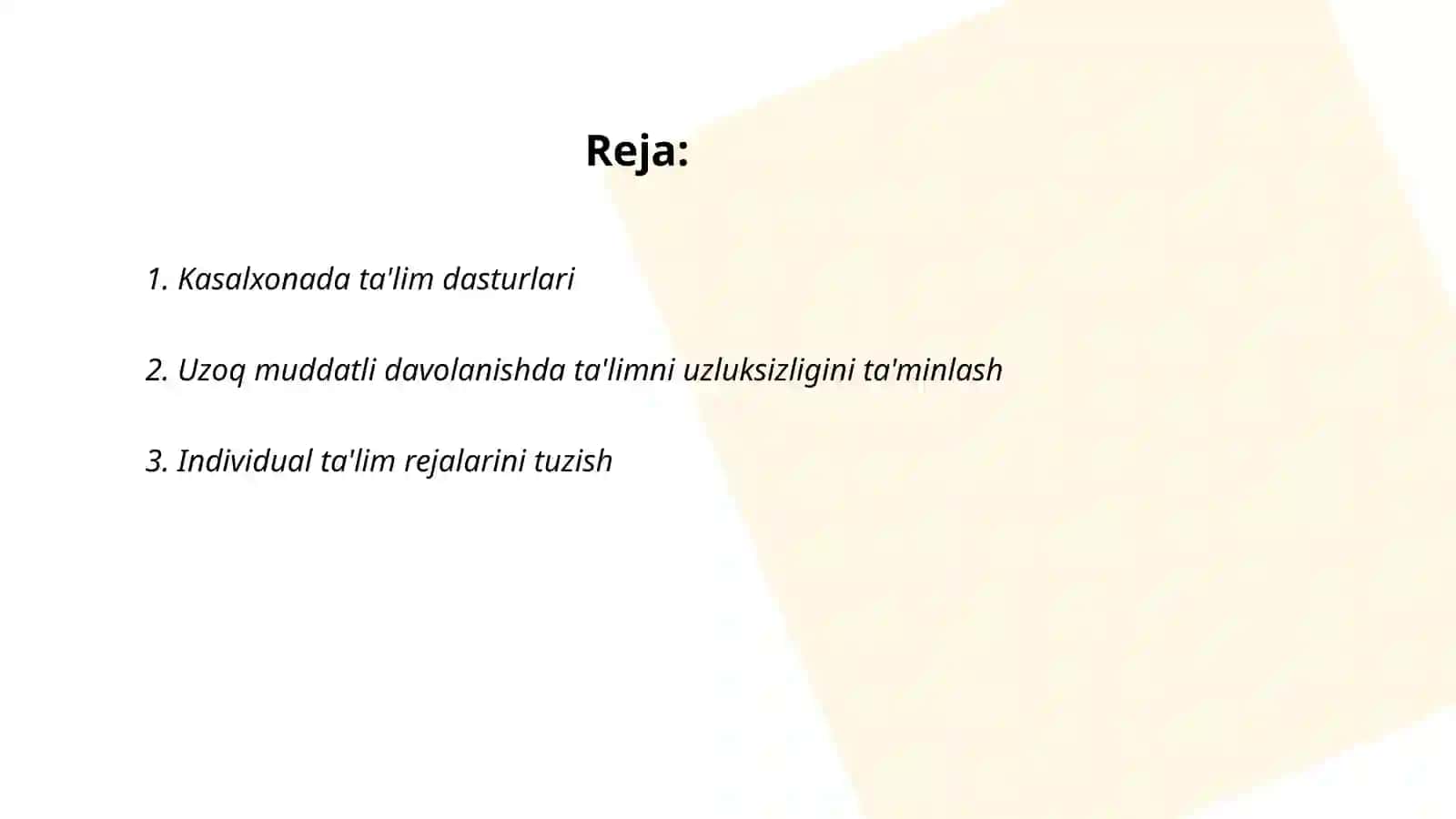 Shifoxonada uzoq muddatli davolanayotgan bolalar uchun talimiy muxitni qaratish uchun õziga xos jihatlari 2