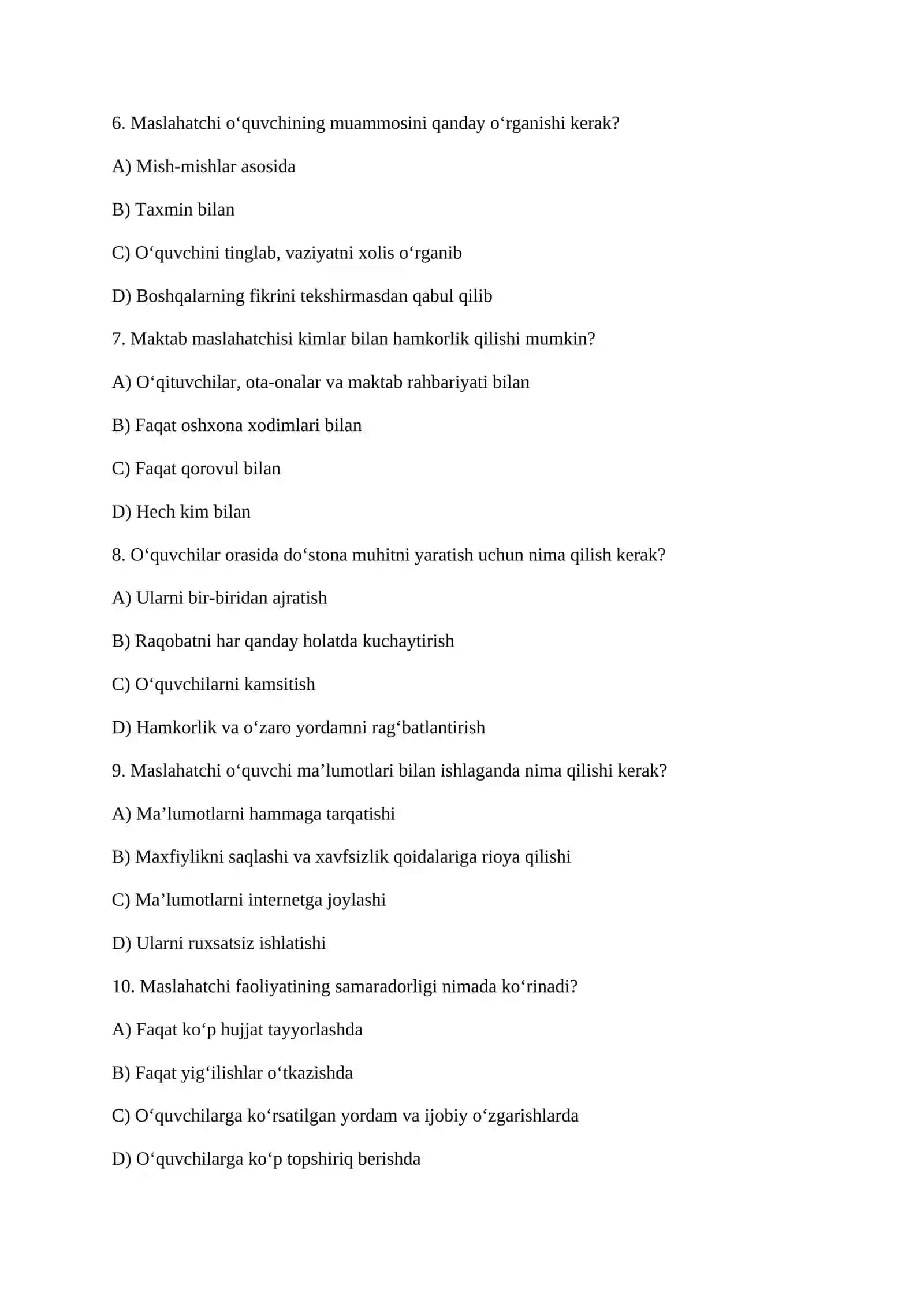Maktab maslahatchisi uchun test 2