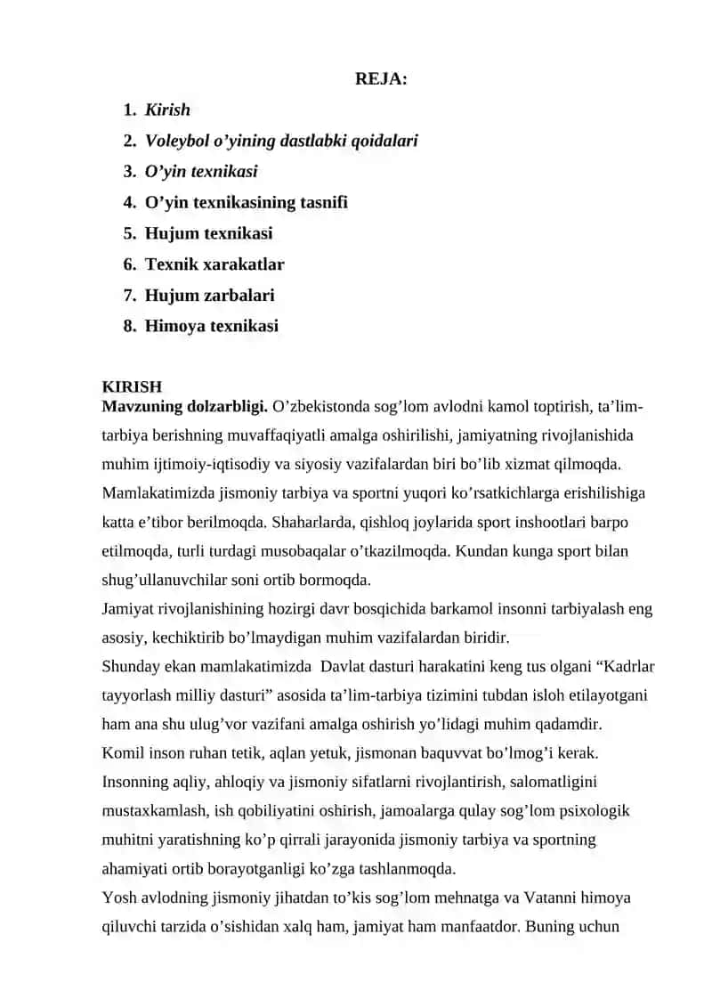 Sinfdan tashqari olib boriladigan jismoniy tarbiya ishlarini tashkil qilish va o’tkazish metodikasi (voleybol to’garagi) 2
