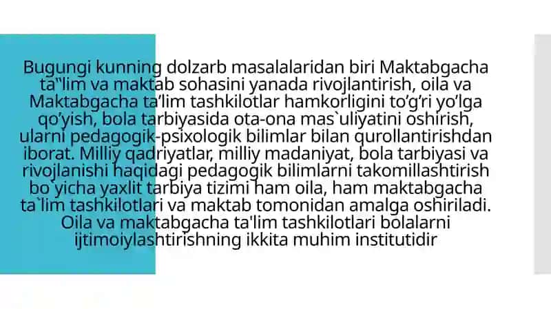 Ko’p tarmoqli maktabgacha ta’lim tashkilotlari va oila bilan hamkorligini to’g’ri yo’lga qo’yish ijtimoiy muammo sifatida 2