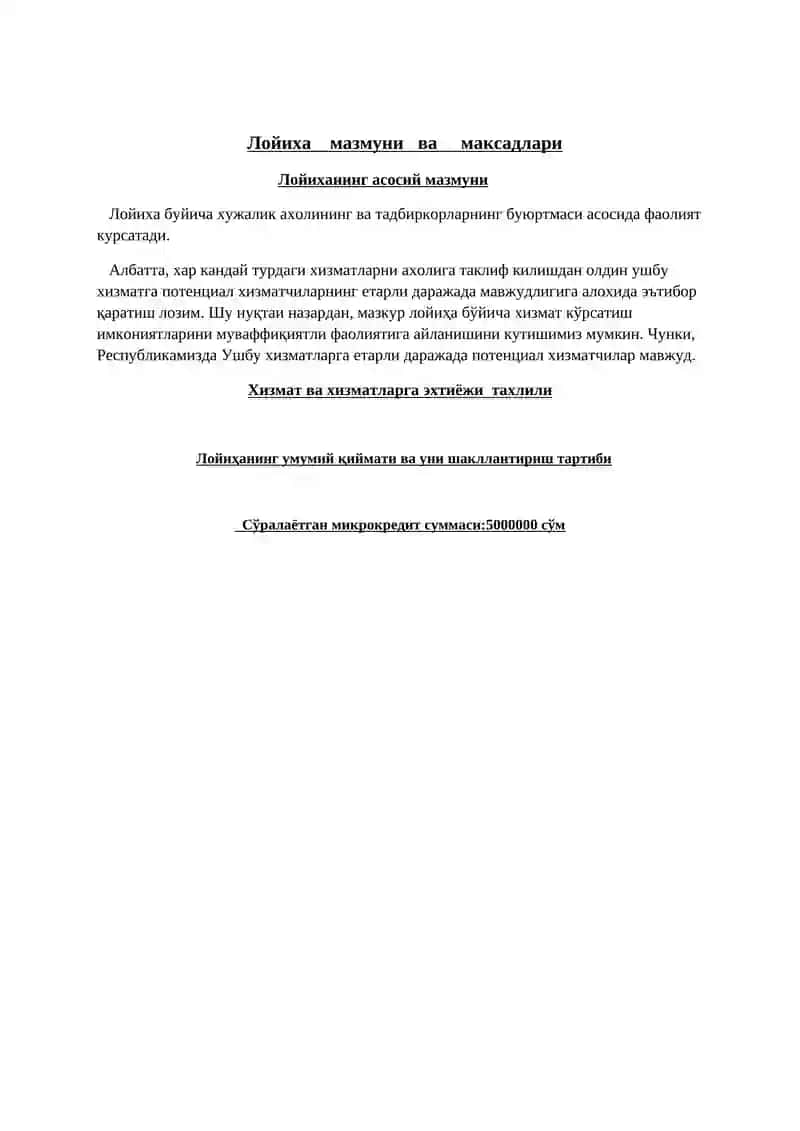 Biznes plan Kserokopiya uchun imtiyozli kredit 2