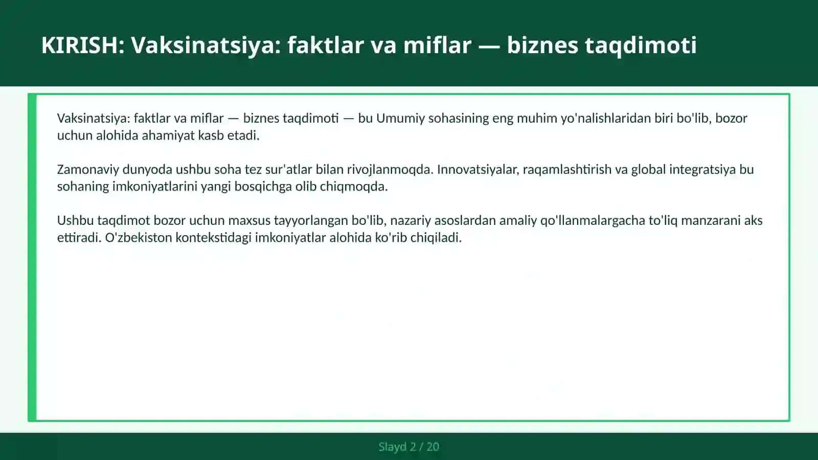 Vaksinatsiya: FAKTLAR VA MIFLAR — BIZNES TAQDIMOTI 2
