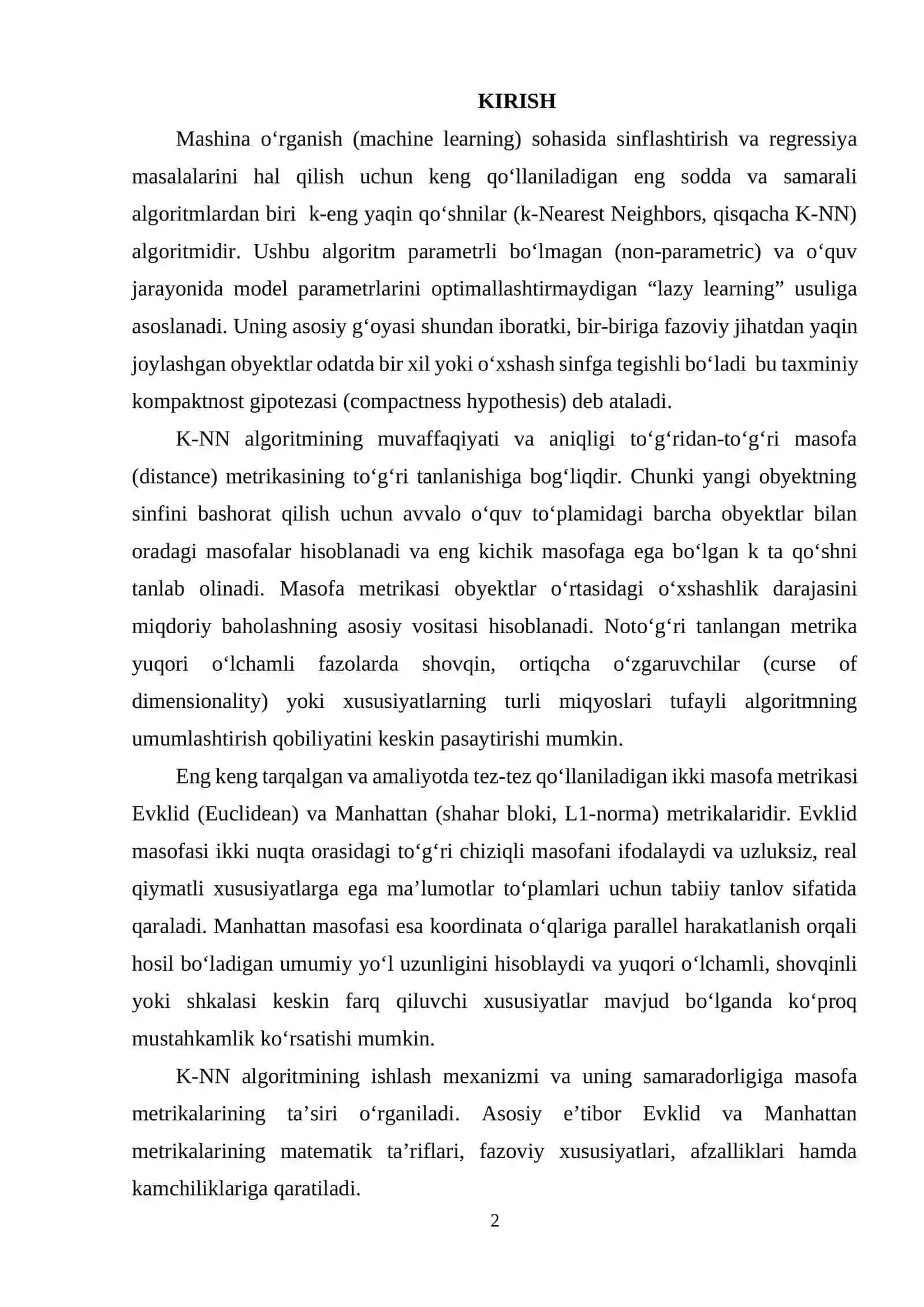 K-NN algoritmining masofa metrikalari (Euclidean, Manhattan) 2