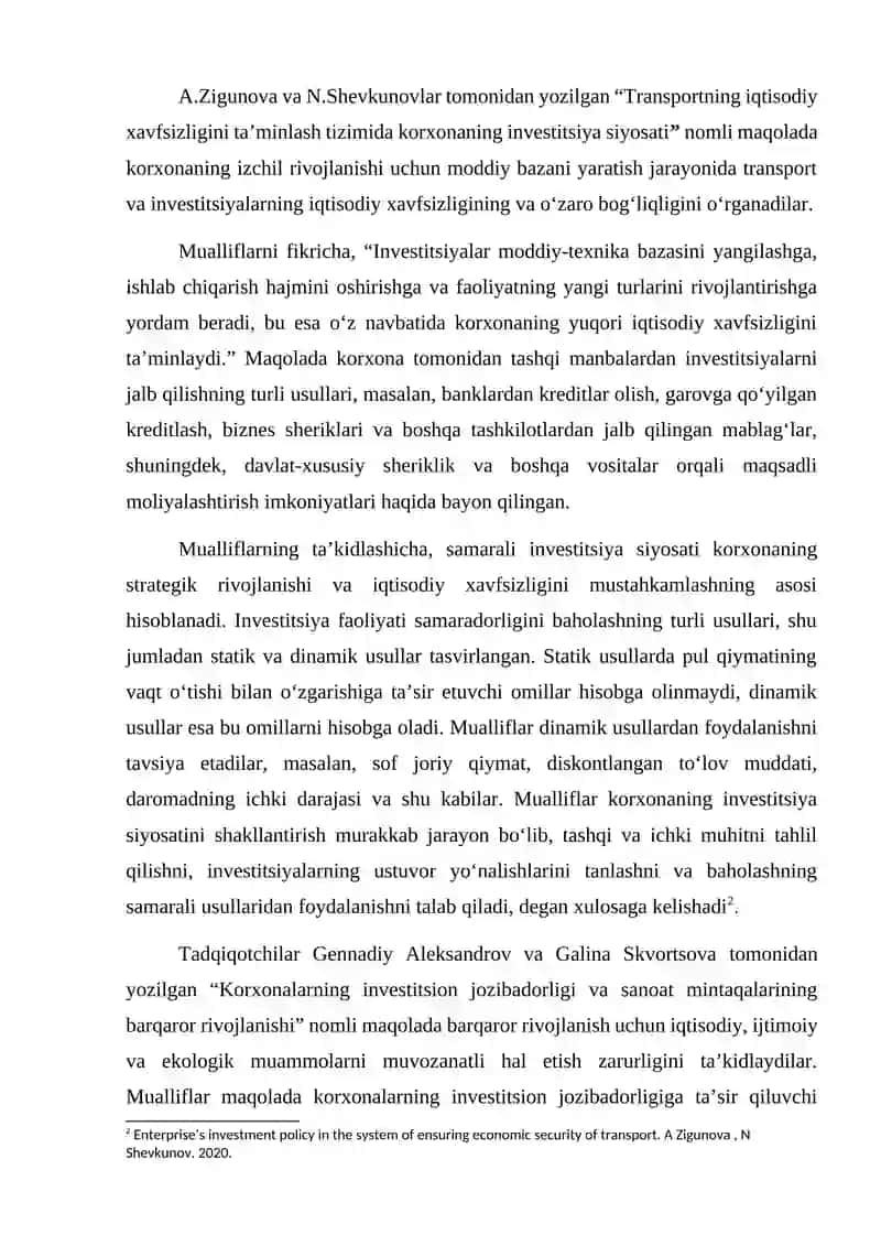 Korxonani rivojlantirish dasturini amalga oshirishda investitsiyalarning roli va ularning shakllanishi 2