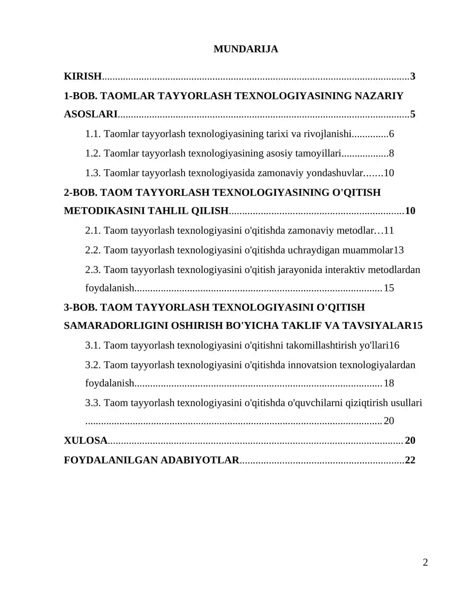 ""Taomlar tayyorlash texnologiyasining o'qitish metodikasi"" 2