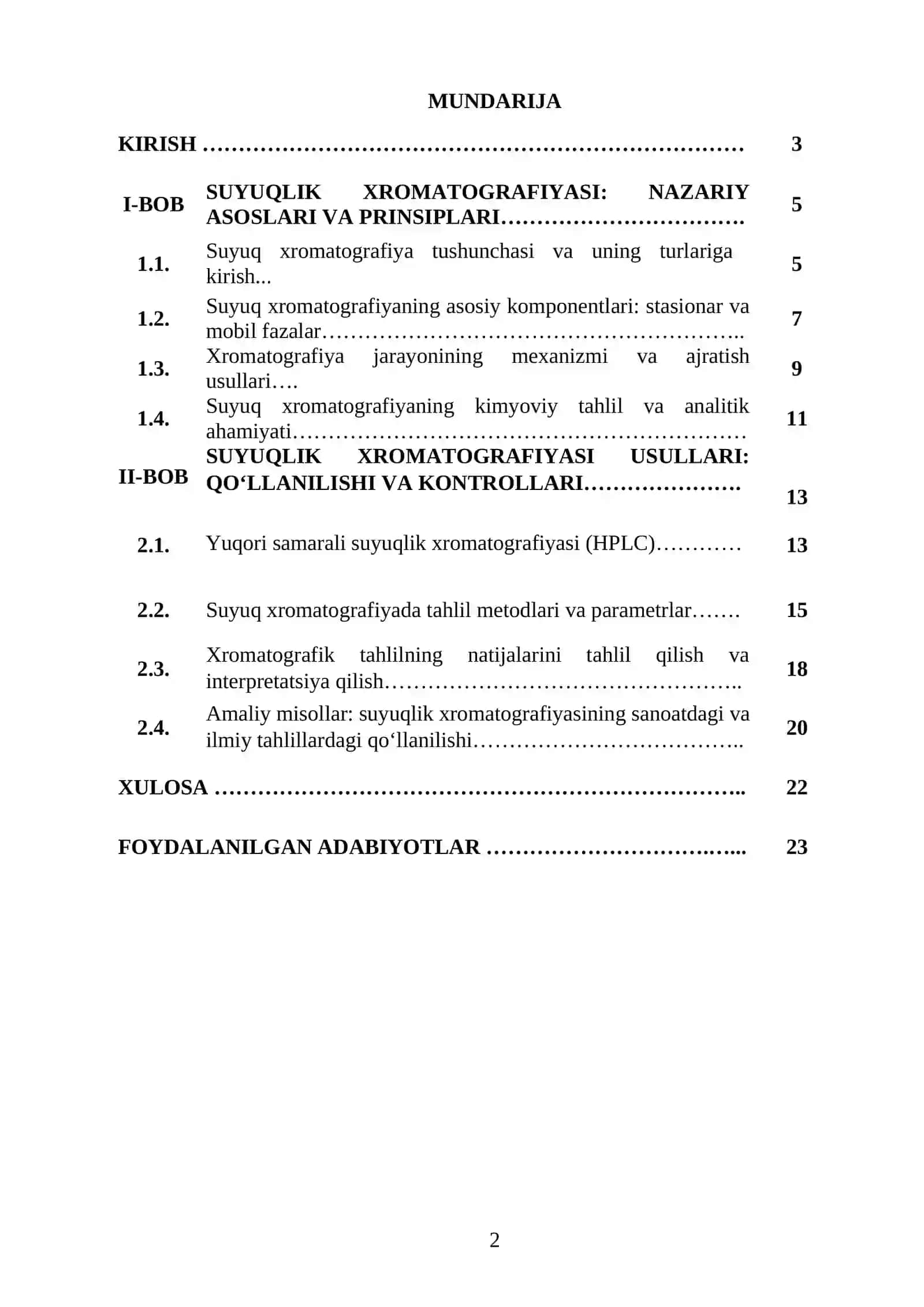 KIMYO YO'NALISHI "SUYUQLIK XROMATOGRAFIYASI" MAVZUSIDA YOZGAN KURS ISHI 2