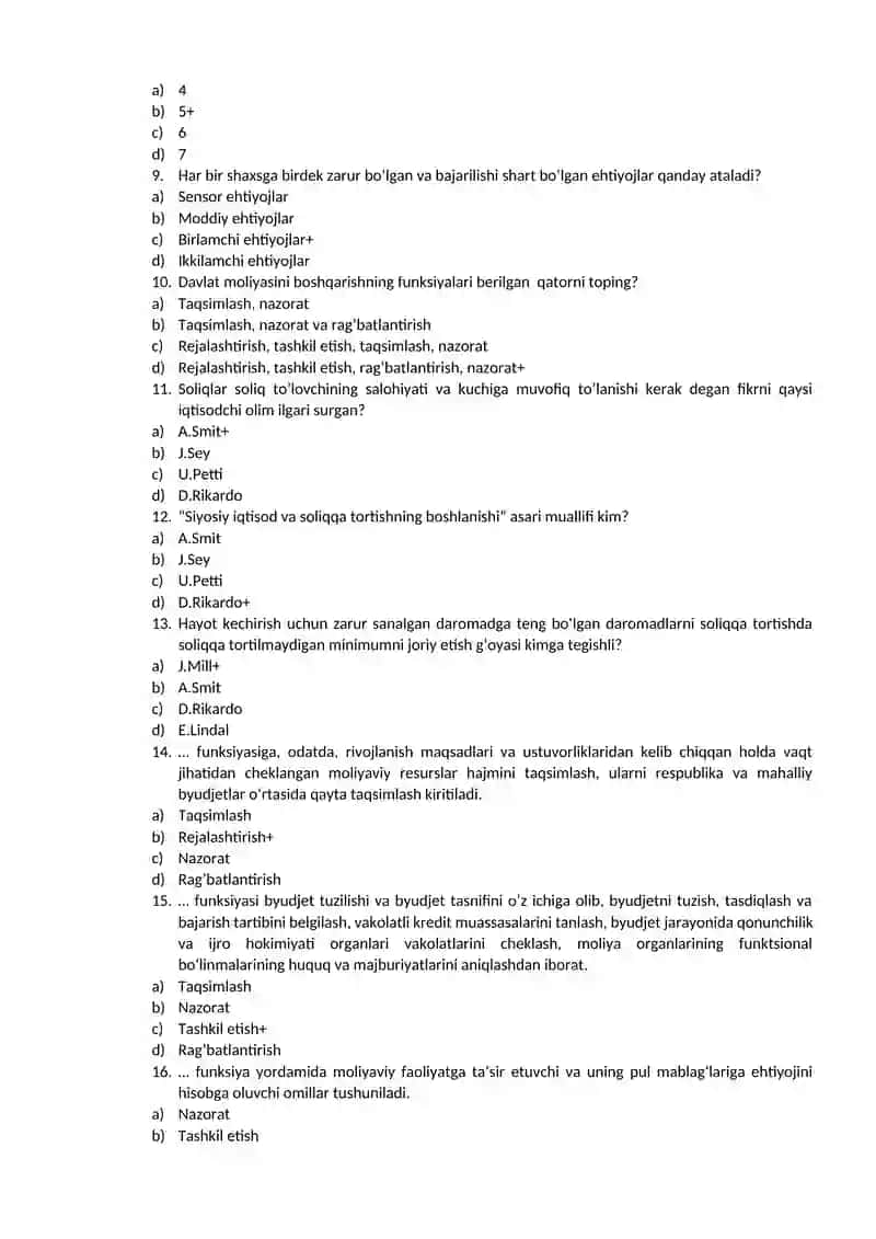 Davlat moliyasi fanidan testlar 2