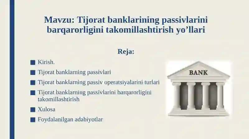 Tijorat banklarining passivlarini barqarorligini takomillashtirish yo’llari 2