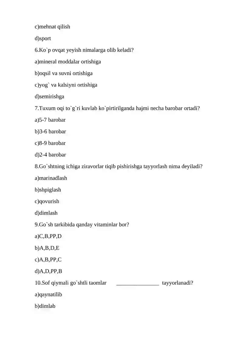 Oshpazlik taomlari tayyorlash o`quv amaliyoti fanidan test savollari 2