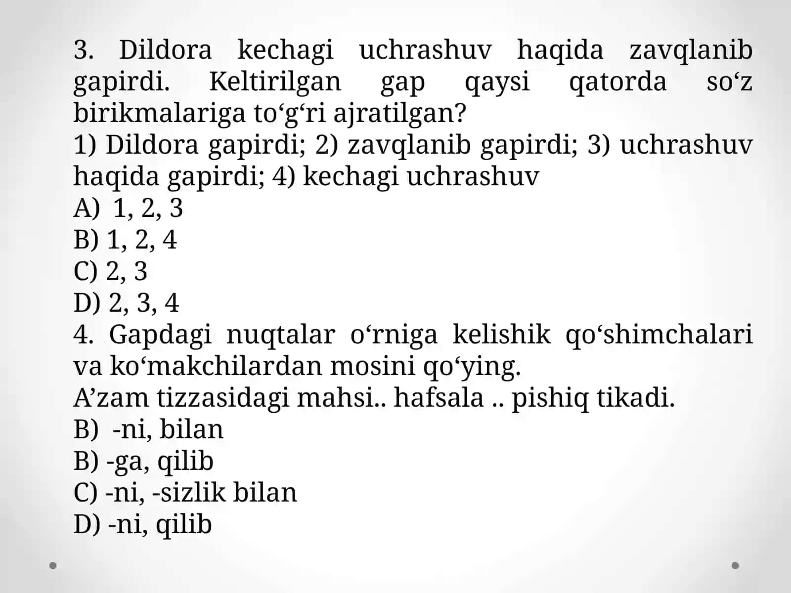 Gapning bo‘laklarga ajratilishi yuzasidan test 2