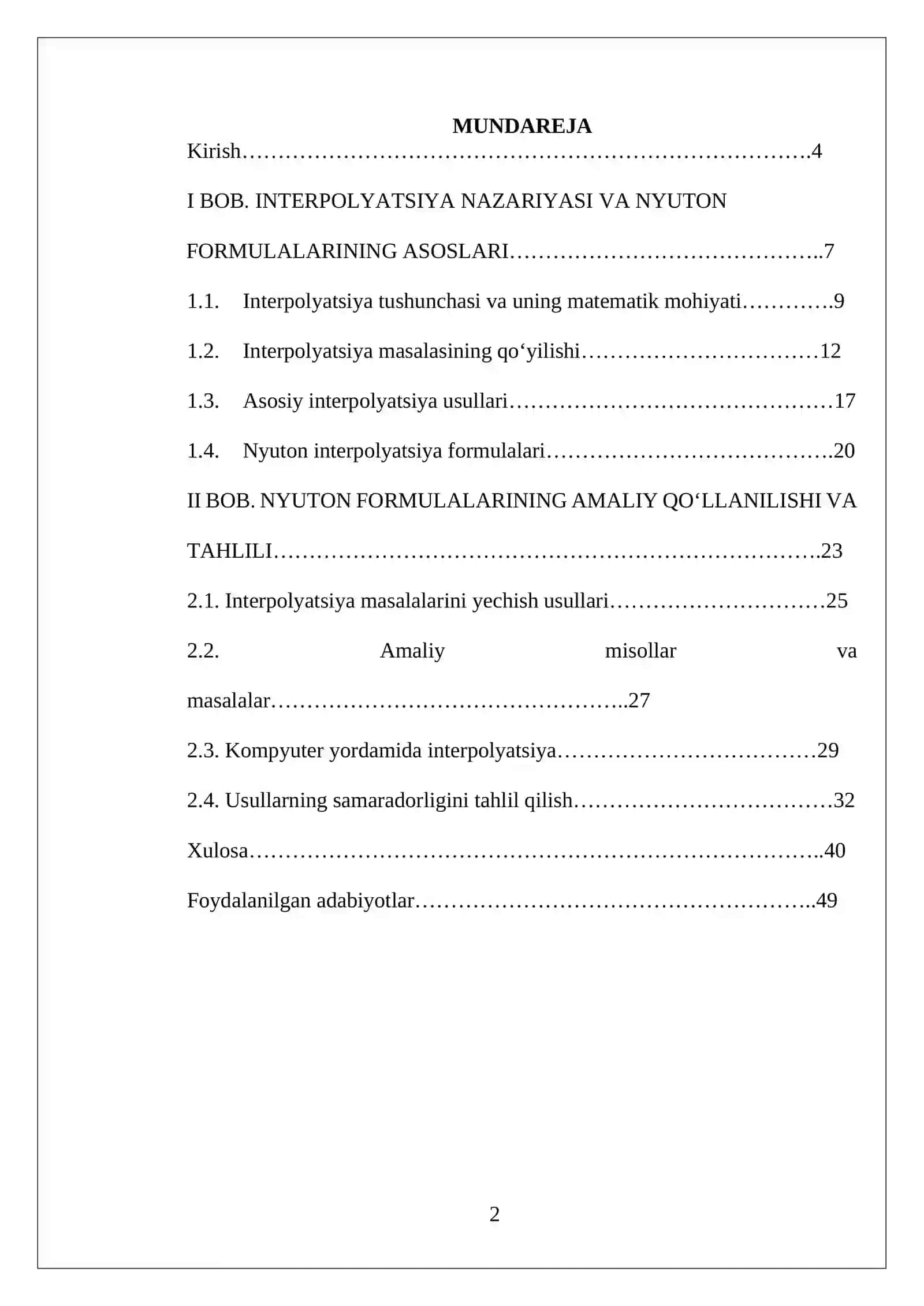 Matematik Modellashtirish fani: Interpolyatsiya masalasi va Nyuton formulalarining qo’llanilishi 2