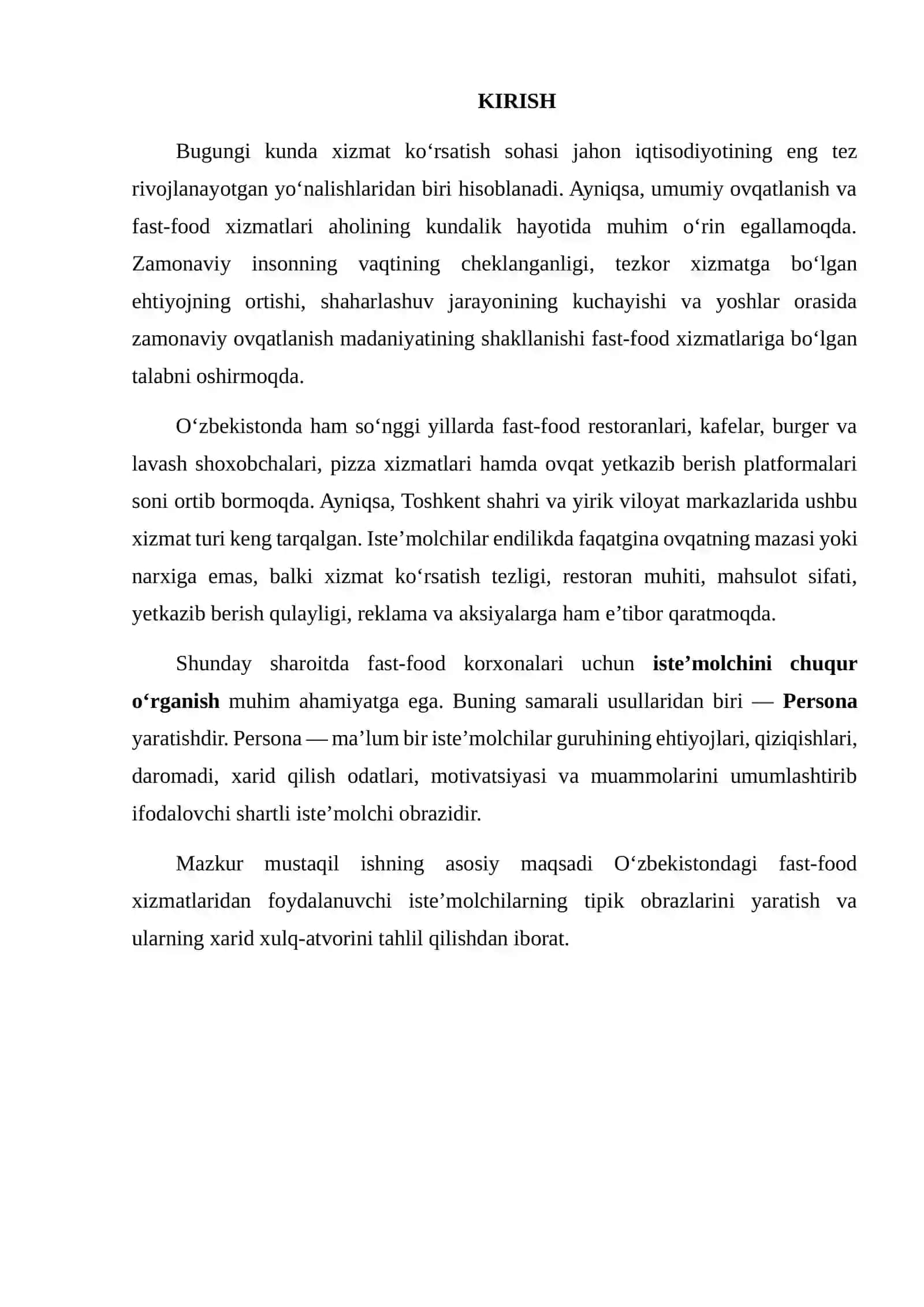 O‘ZBEKISTONDAGI FAST-FOOD XIZMATLARI ISTE’MOLCHILARI UCHUN PERSONA YARATISH VA ULARNING XARID XULQ-ATVORINI TAHLIL QILISH 2