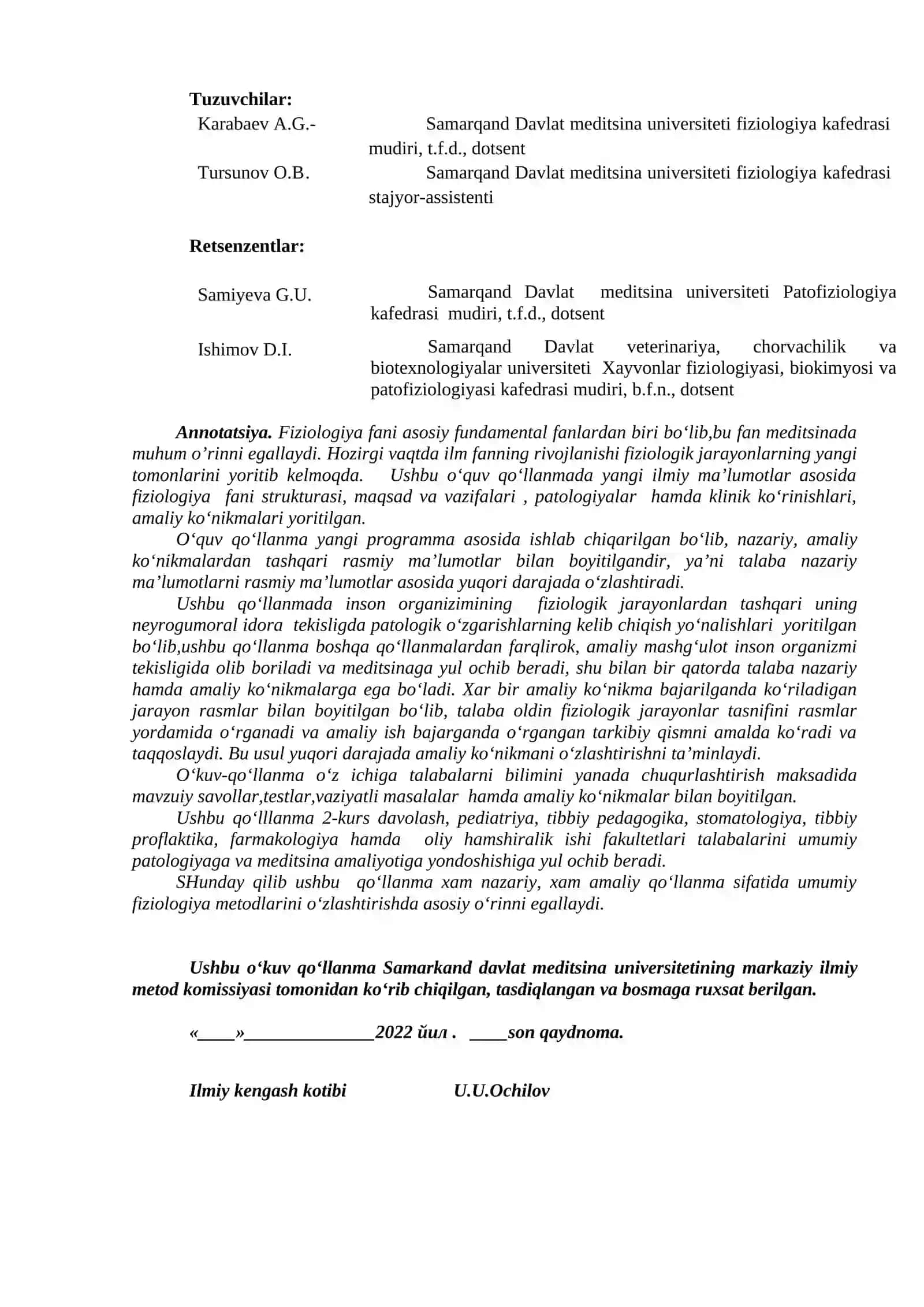 Fiziologiya Fani va uning Tarixi (Fiziologiya fanidan 1-2-kurs talabalari uchun o‘quv-uslubiy qo‘llanma) 2