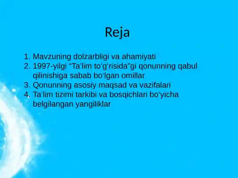 O’zbekistonda 1997-yildagi "Ta'limto'g'risida"gi qonuni va "Kadrlar tayyorlash milliy dasturi" ni ta'limni rivojlantirishdagi o'rni 2