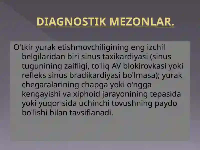 O'tkir yurak etishmovchiligining eng izchil belgilaridan biri sinus taxikardiyasi 2