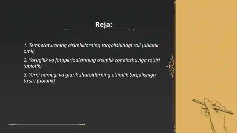 Abiotik va biotik ekologik omillar va ularning tabiatda o’simliklarning tarqalishidagi ahamiyati 2