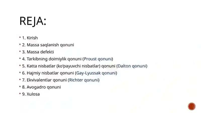 Massaning saqlanish qonuni . massa defekti, tarkibning diomiylik qonuni karali nisbatlar qonuni hajmiy nisbatlar qonnuni ekvivalet qonuni avagadro qonuni 2