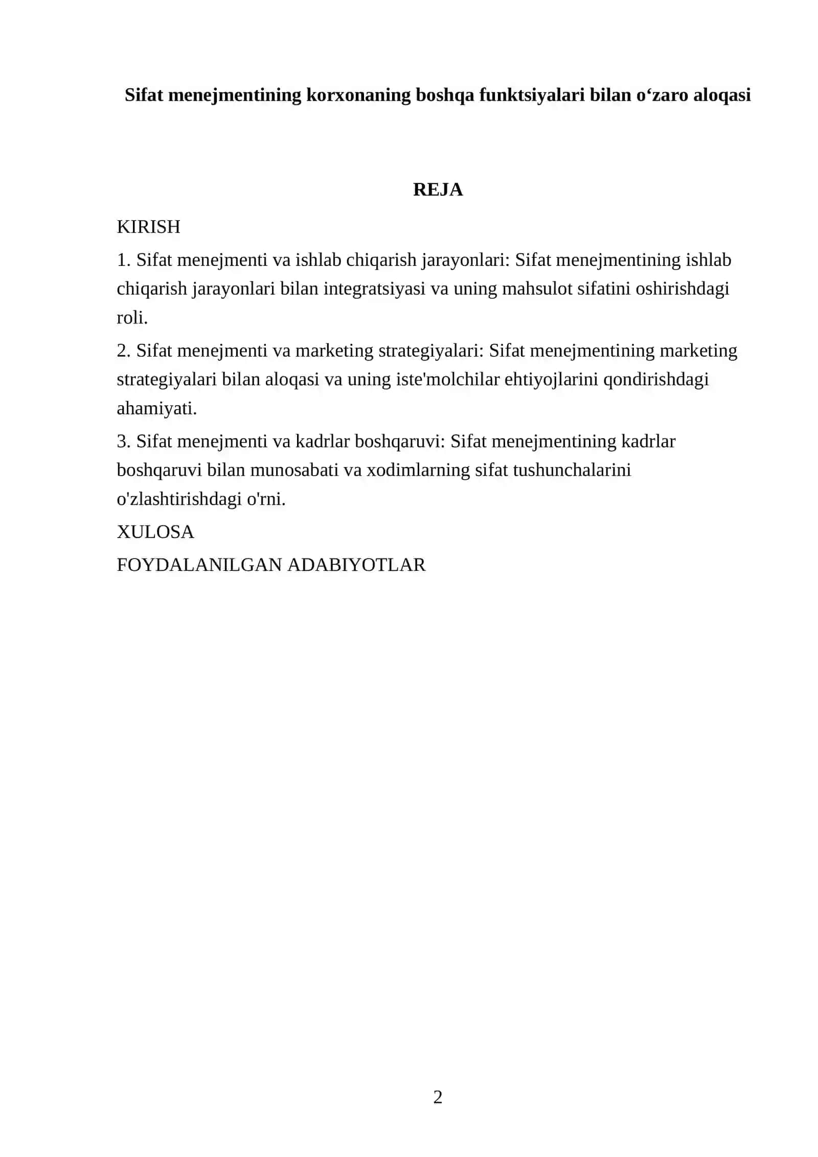 Sifat menejmentining korxonaning boshqa funktsiyalari bilan oʻzaro aloqasi 2