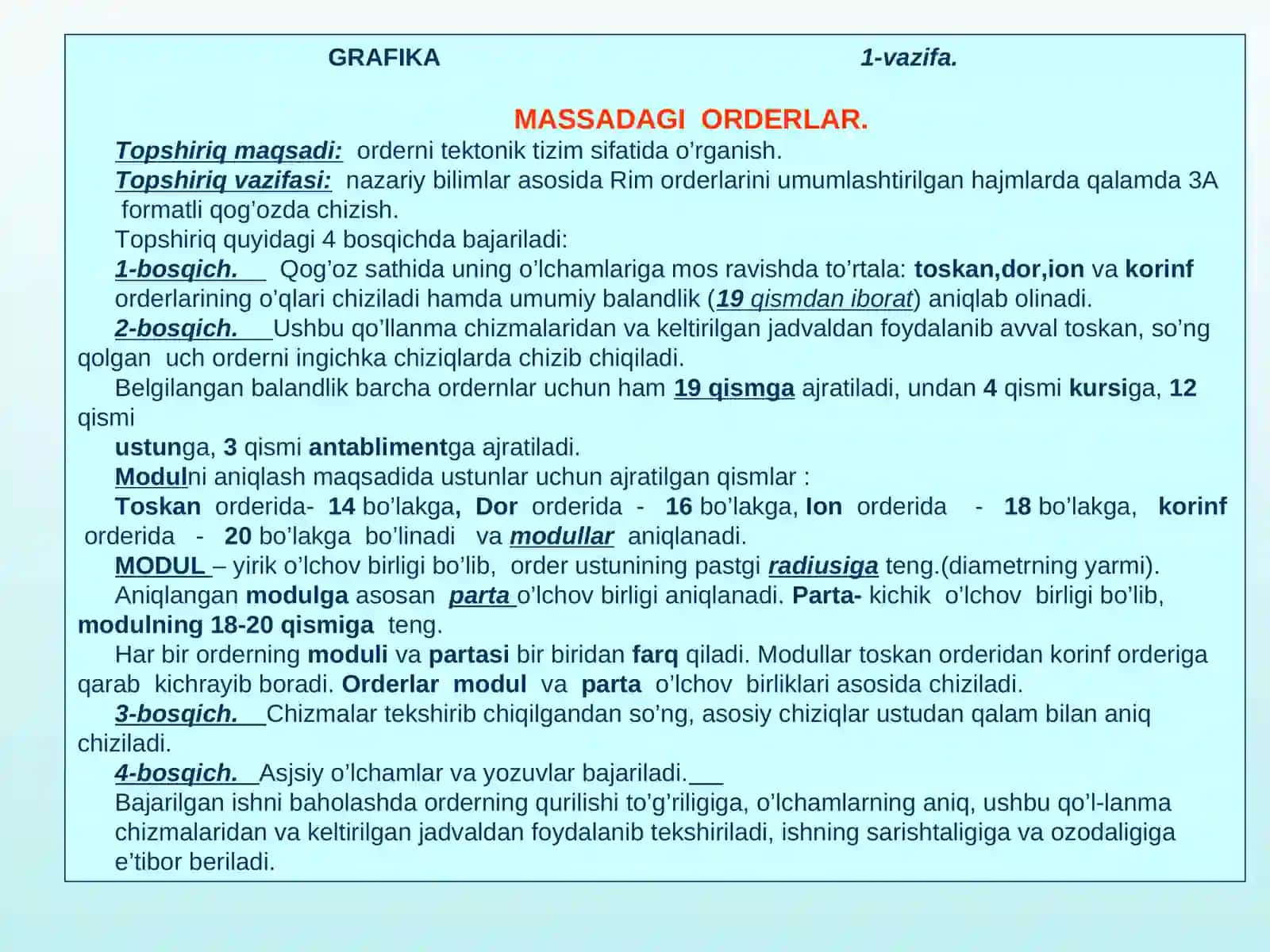 Arxitekturaviy loyihalash asoslari fanidan amaliy mashg‘ulotlarni bajarish uchun o‘quv-uslubiy majmua 2