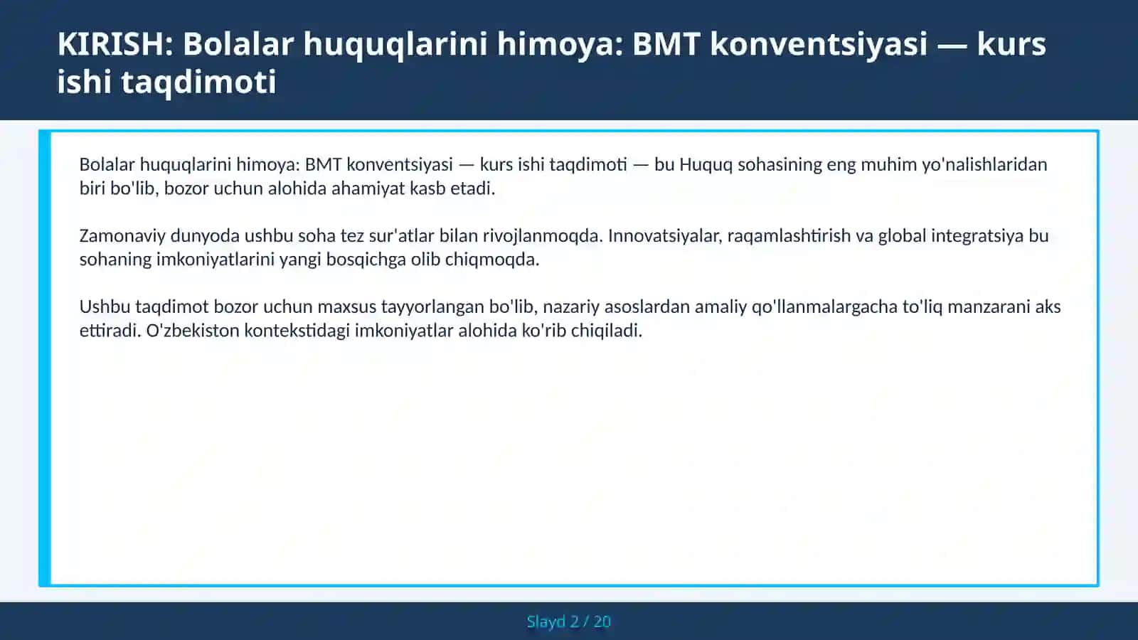 Bolalar huquqlarini himoya: BMT konventsiyasi — kurs ishi taqdimoti 2