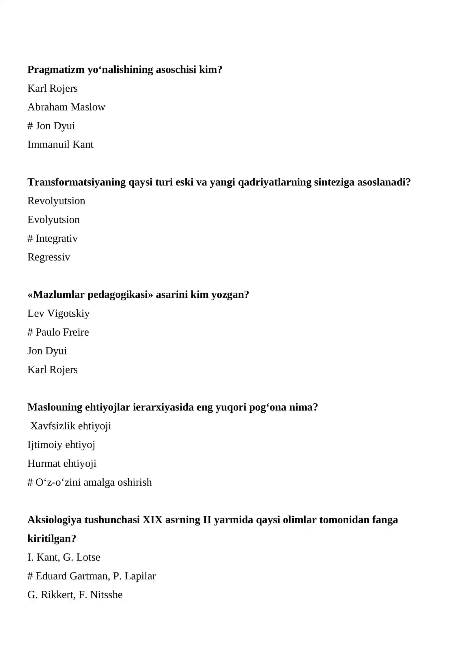 AKSIOLOGIYADAN TESTLAR (JAVOBLARI BILAN) 2
