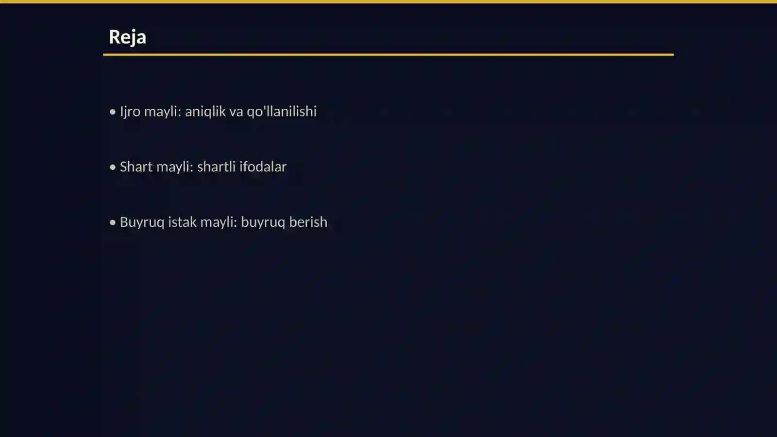 Fe'l mayillari (ijro mayli,shart mayli va buyruq istak mayli ) ularning oʻziga xos xususiyatlari. Toʻliqsiz fe'l 2