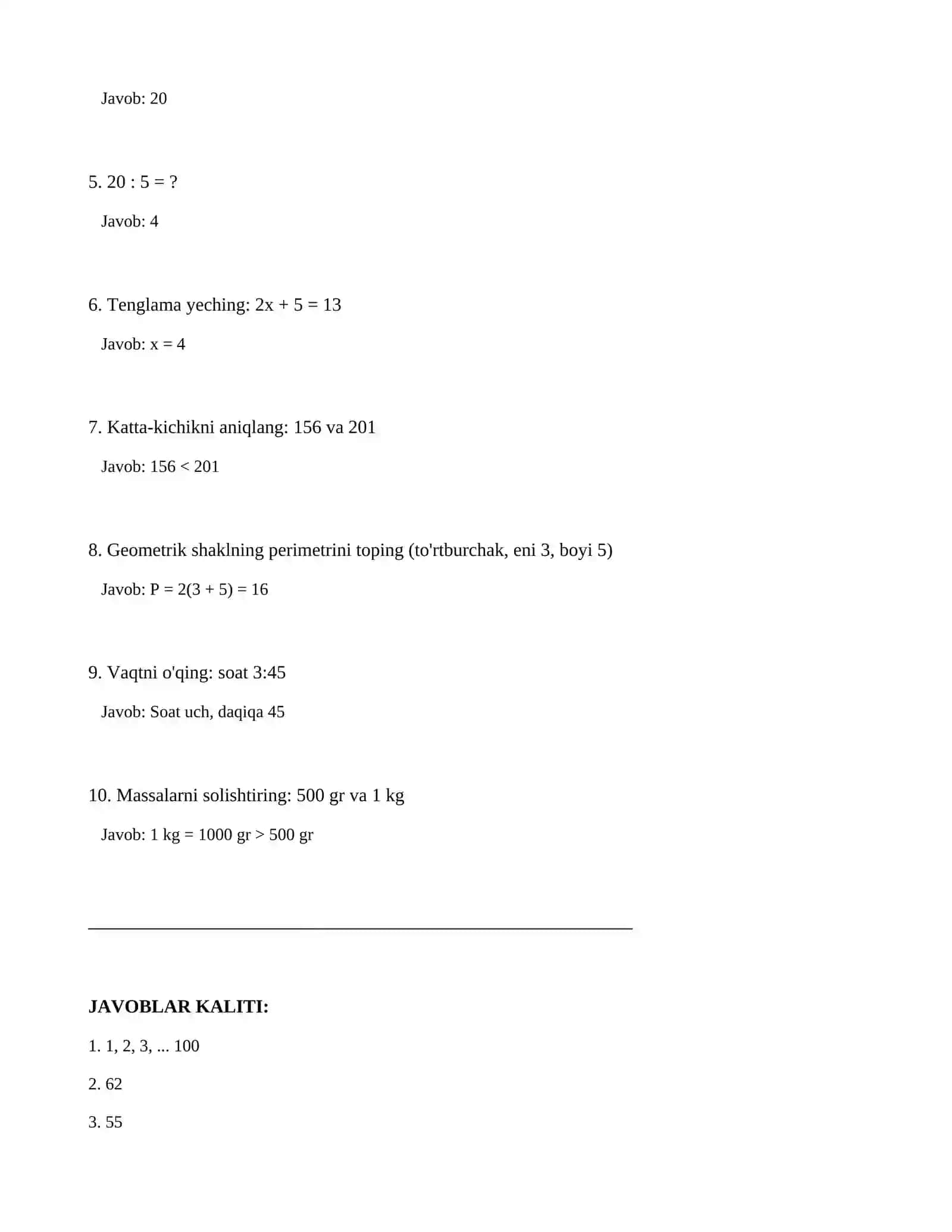 2-sinf-SINF MATEMATIKA FANIDAN NAZORAT ISHI Variant: A 2