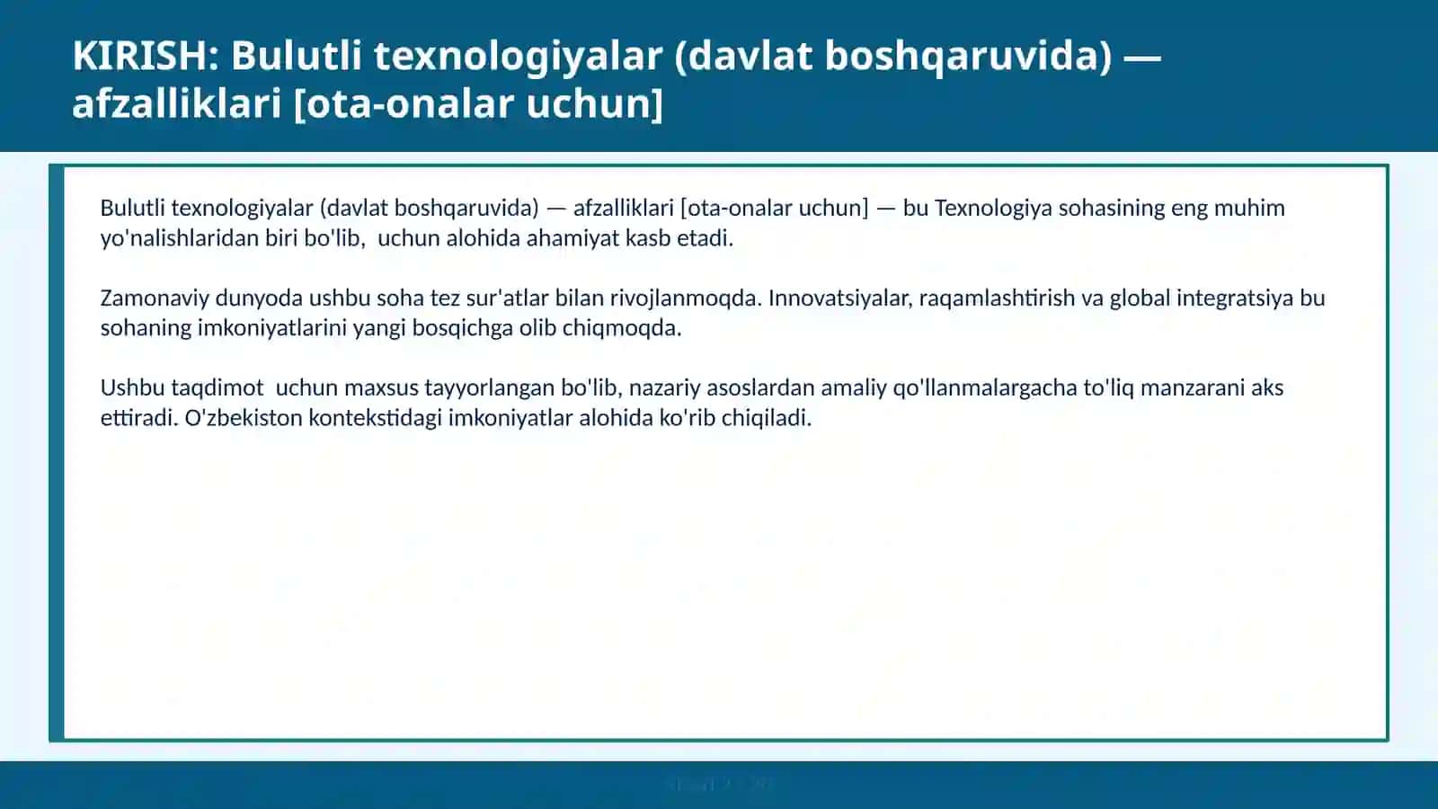Bulutli texnologiyalar (davlat boshqaruvida) — afzalliklari [ota-onalar uchun] 2