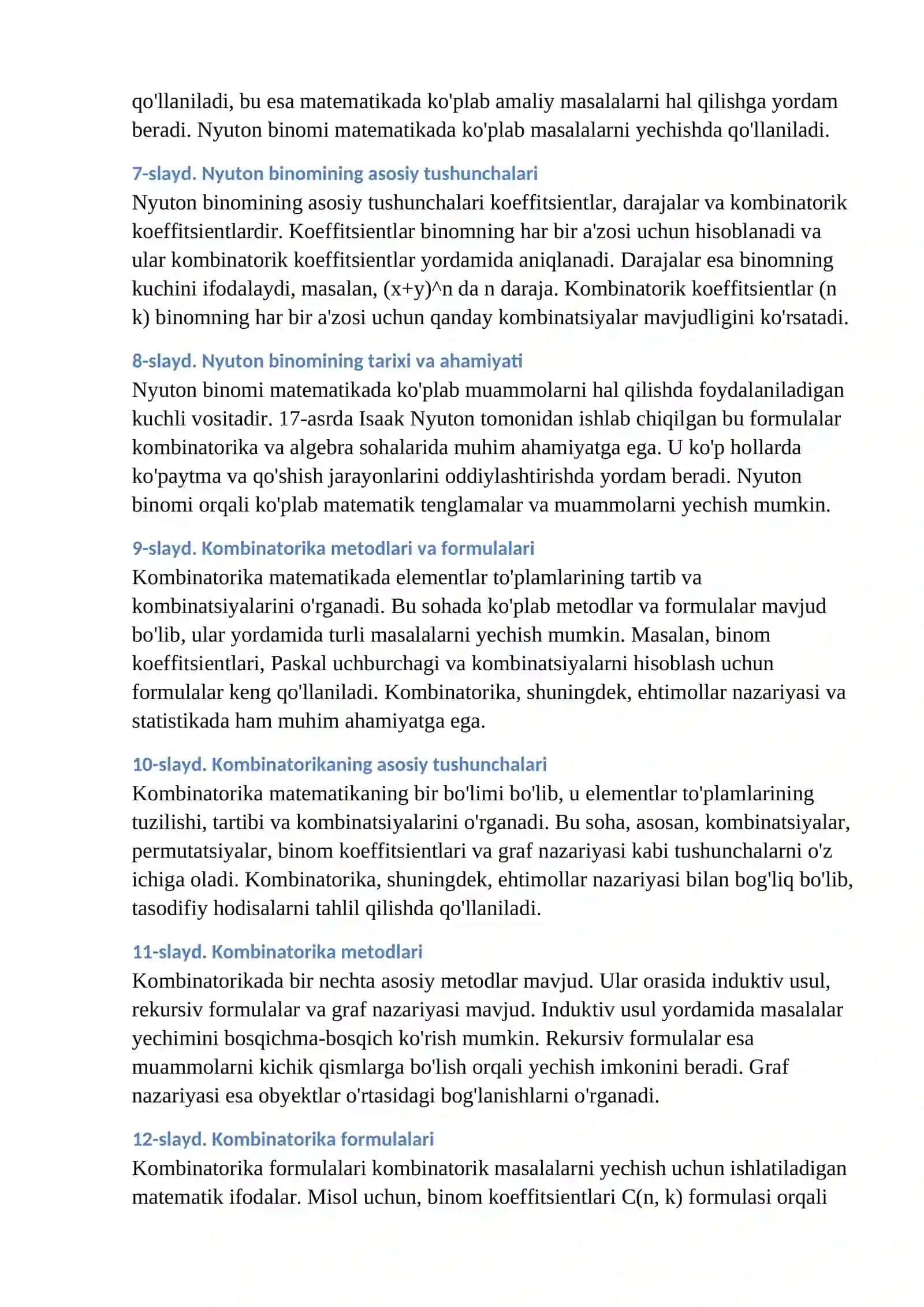 Nyuton binomi va uning kombinatorikaga tadbiqi 2