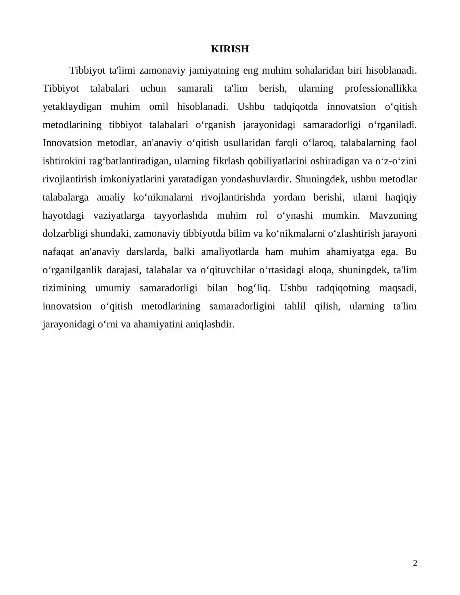 Tibbiyot talabalari uchun innovatsion o‘qitish metodlarining samaradorligi 2