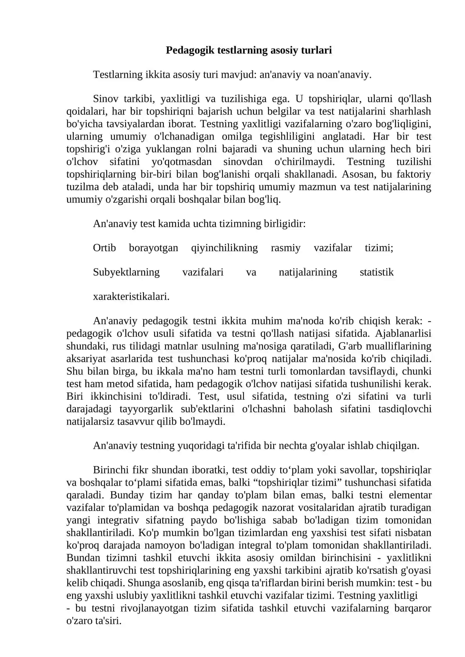 1.	Pedagogik testlar, ularning turlari va maqsadi. 2.	Pedagogik test mazmuni Test topshiriqlari shakllari 2