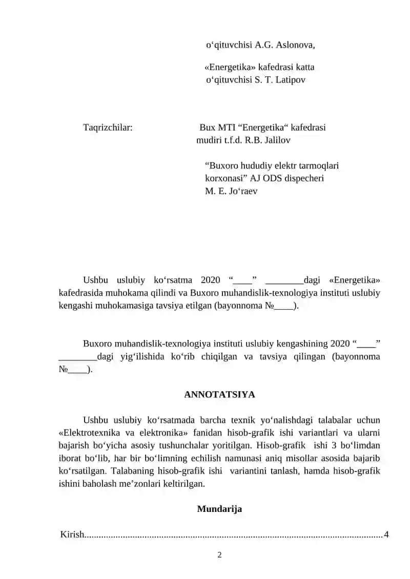 Uslubiy ko'rsatma "Elektrotexnika va elektronika" 2