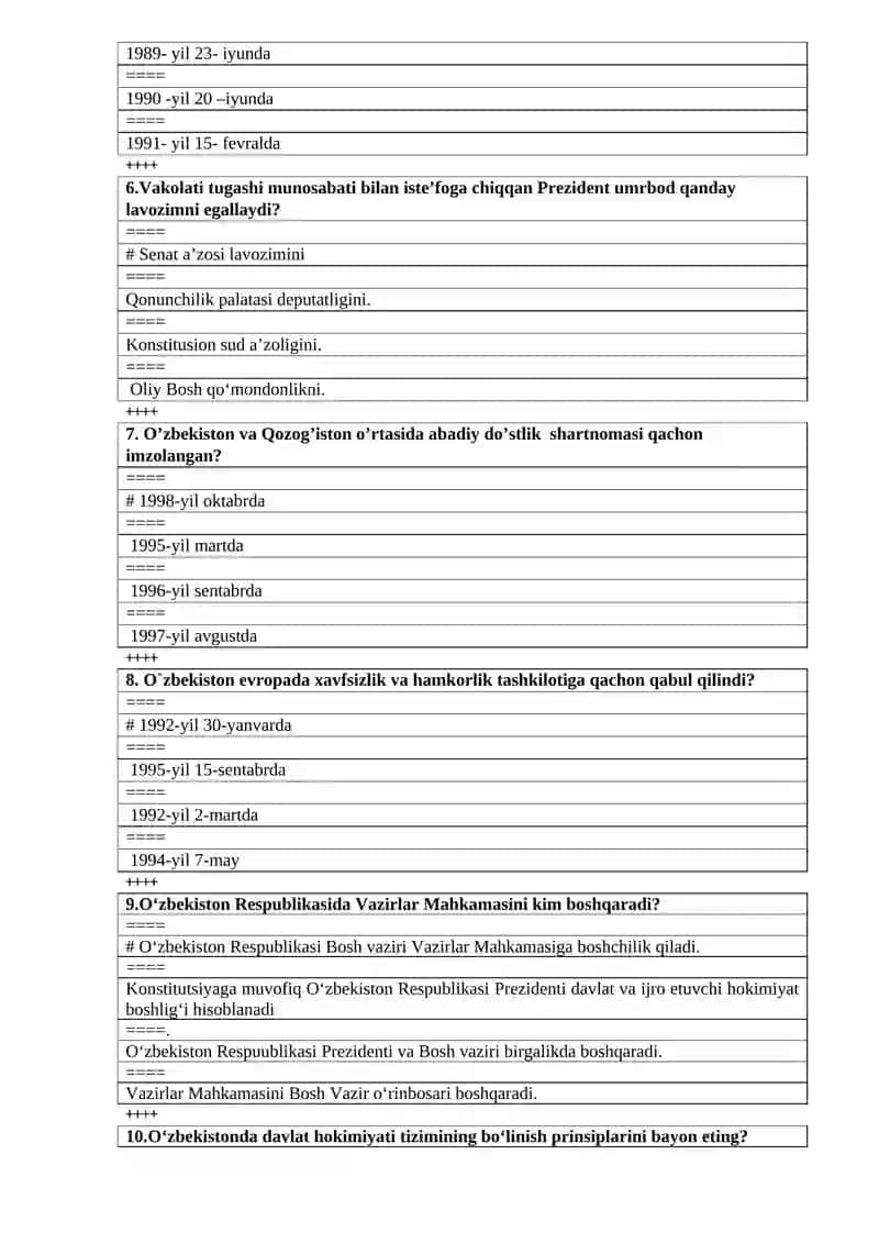 “O’zbekistonning eng yangi tarixi” fanidan TEST savollari 2