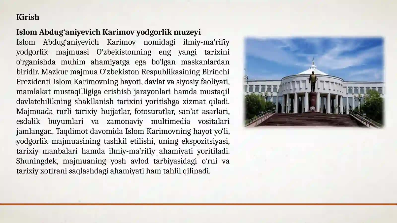 Islom Abdug‘aniyevich Karimovning yodgorlik muzeyi 2