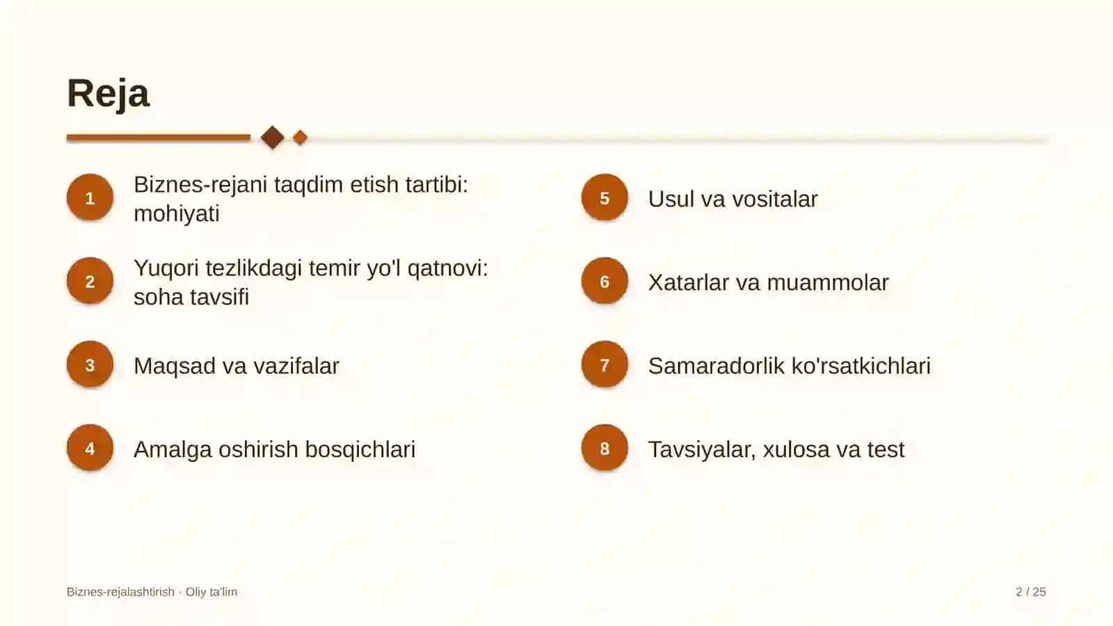 Yuqori tezlikdagi temir yo'l qatnovida biznes-rejani taqdim etish tartibi 2