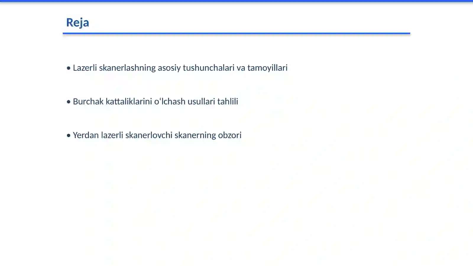 Yerdan bajarilgan lazerli skanerlashlarda burchak kattaliklarini o‘lchash usullari. Yerdan lazerli skanerlovchi skanerning obzori va klassifikatsiyasi. Yerdan lazerli skanerlashda xatoliklar manbalari. Trimble kompaniyasining yer usti lazerli skanerlari 2