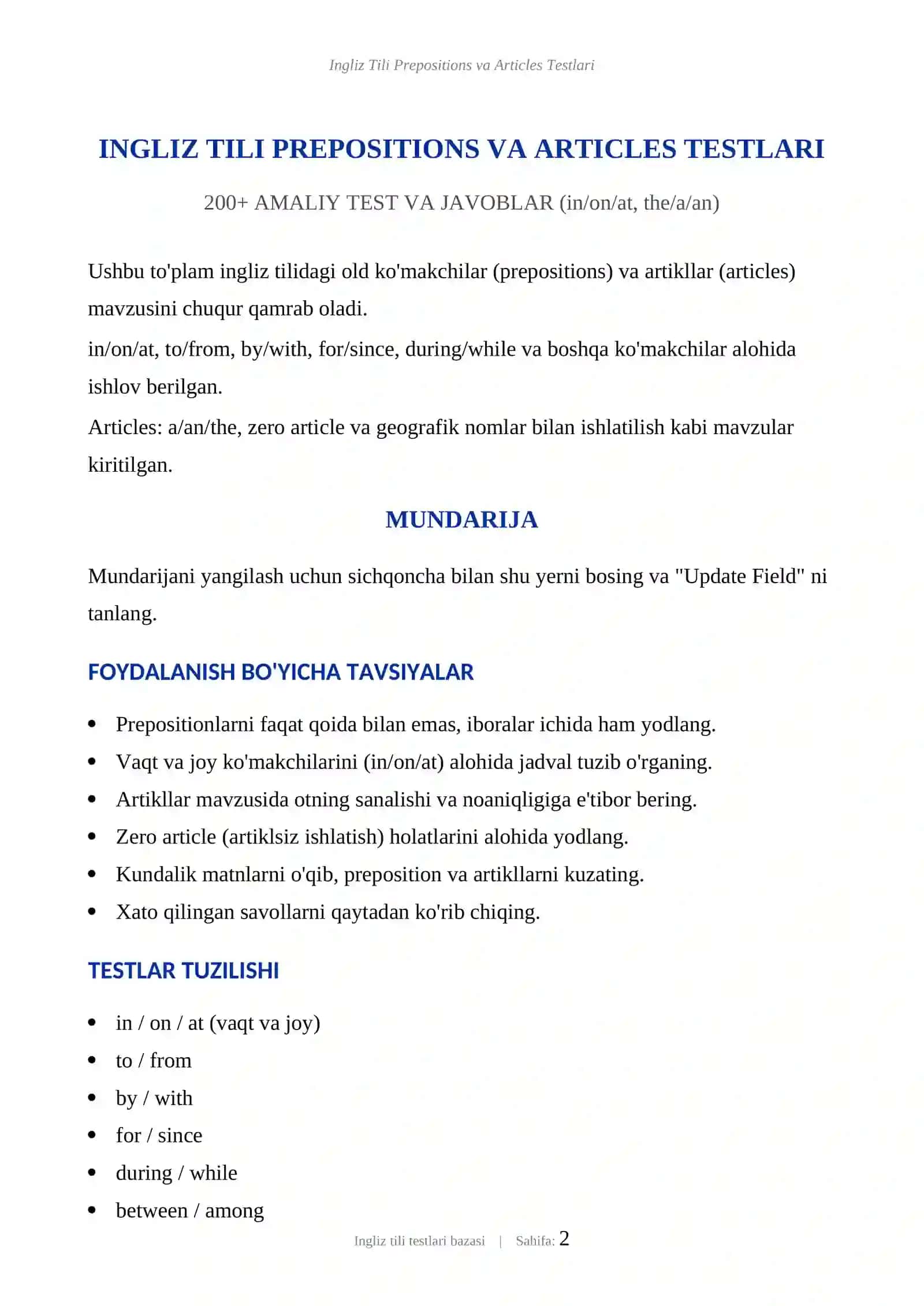 INGLIZ TILI PREPOSITIONS VA ARTICLES TESTLARI 2