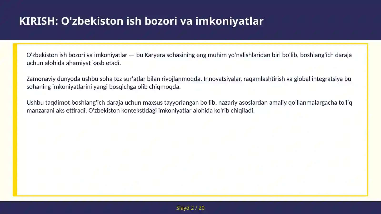 O'ZBEKISTON ISH BOZORI VA IMKONIYATLAR 2