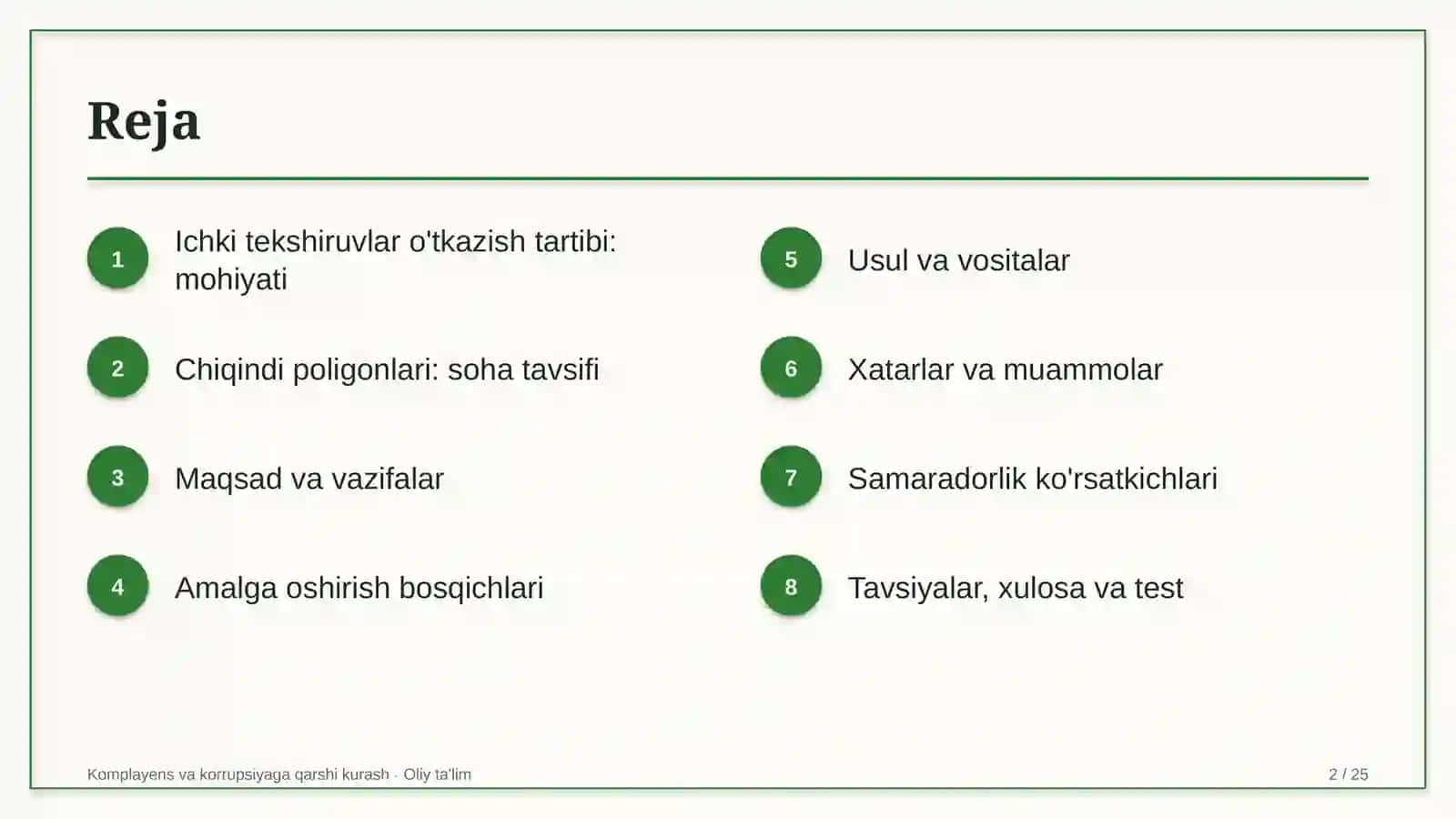 Komplayens va korrupsiyaga qarshi kurash · Oliy ta'lim 2