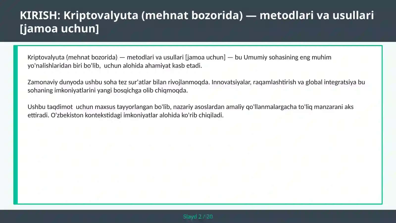 Kriptovalyuta (mehnat bozorida) — metodlari va usullari [jamoa uchun] 2