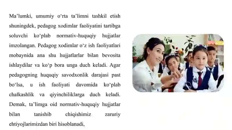 Umumiy o‘rta ta’limni tashkil etish va pedagog xodimlar faoliyatini tartibga soluvchi normativ-huquqiy hujjatlar mazmuni va ularga rioya qilishni tashkil etish 2