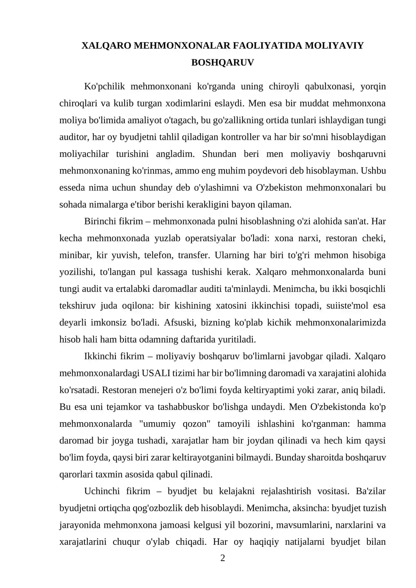 ESSE "Xalqaro mehmonxonalarda moliyaviy boshqaruv" 2