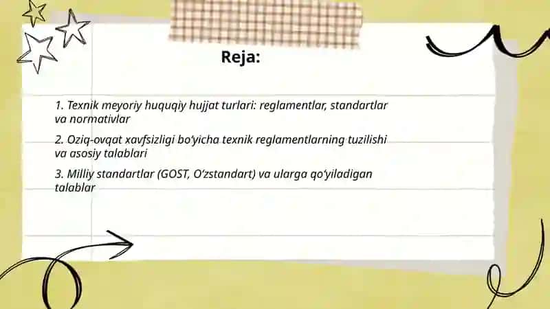 Oziq-ovqat xavfsizligida texnik meyoriy huquqiy hujjatlarning turlari va ularga qoʻyilgan talablar Tibbiy profilaktika fakulteti 2