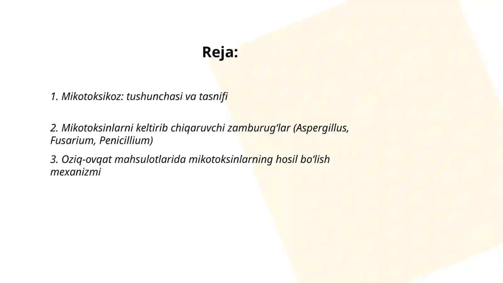 Mikotoksikoz. Oziq-ovqat mahsulotlarining ifloslanish usullari. Sogʻliq uchun xavf. Profilaktik choralar 2