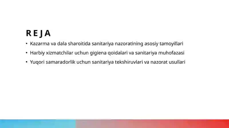 Kazarma va dala sharoitida harbiy xizmatchilarni joylashtrshning sanitar nazorati 2