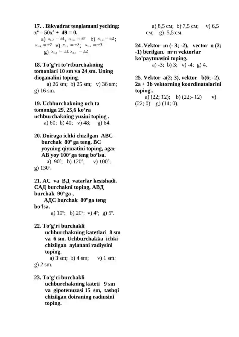 Matematika 8-sinf test 2